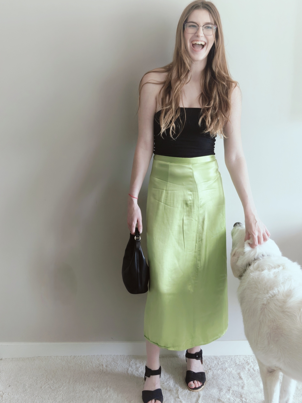 H&M Chartreuse Satin Viscose Midi Skirt | High Side Slit + Hidden Zipper | US 6